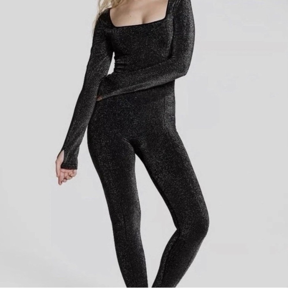 PINK Victoria's Secret Black Sparkle Square-Neck Long-Sleeve Jumpsuit